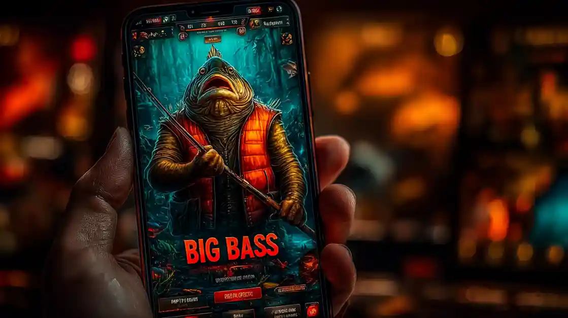 A close-up of a hand holding a smartphone showcasing a BIG BASS fishing game, featuring an anthropomorphic fish character, highlighting the engaging casual games on 3777bd.