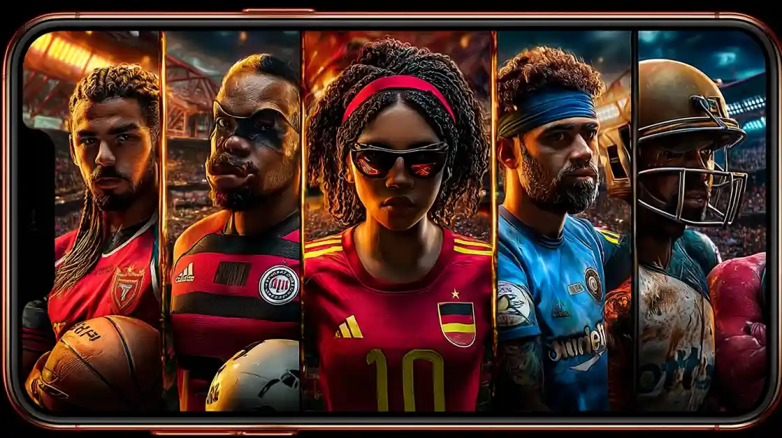 A smartphone screen displays a powerful collage of diverse male and female athletes from various sports, including football and soccer, representing the comprehensive sports betting options at 3777bd.