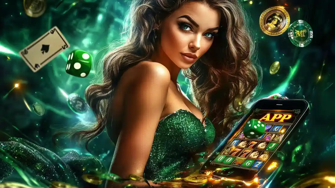 An enchanting woman with flowing hair, adorned in green, gazes captivatingly, surrounded by floating cards, dice, and coins, alongside a smartphone featuring the 3777bd gaming app.