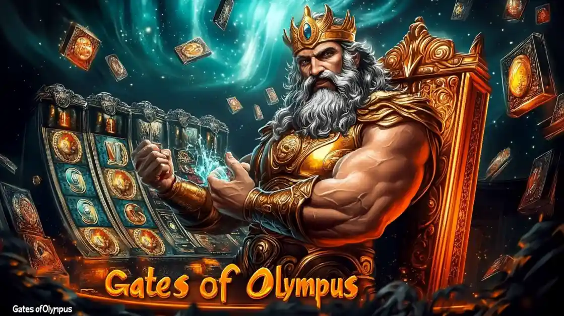 A majestic Zeus figure on a golden throne, surrounded by floating cards and a 3777bd slot machine, with Gates of Olympus prominently displayed, inviting players to a mythical gaming experience.