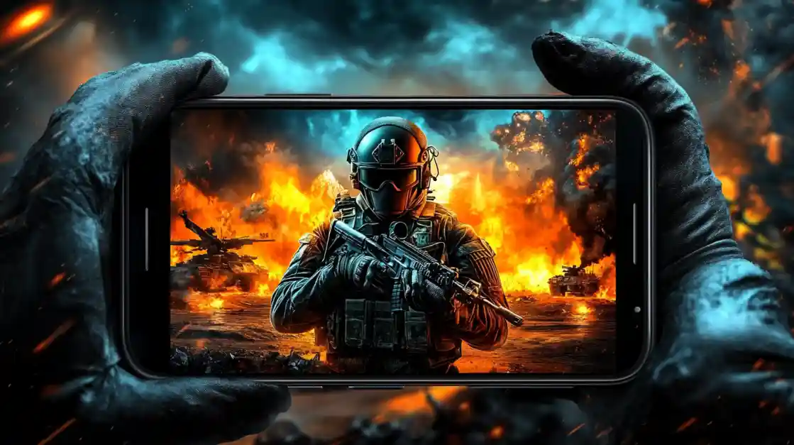 Hands holding a smartphone displaying an intense military shooter game with a soldier amidst explosions and tanks, showcasing the immersive action available on 3777bd.
