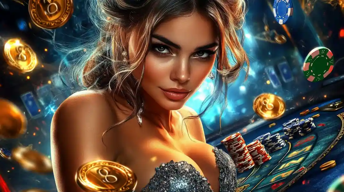 A beautiful woman in a glittering dress gives a captivating look while at a 3777bd casino table, surrounded by floating gold coins, casino chips, and a roulette wheel.