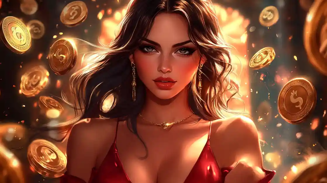 A stunning woman in a red dress, adorned with delicate jewelry, looks directly at the viewer as a shower of golden 3777bd coins rains down around her, symbolizing big wins.