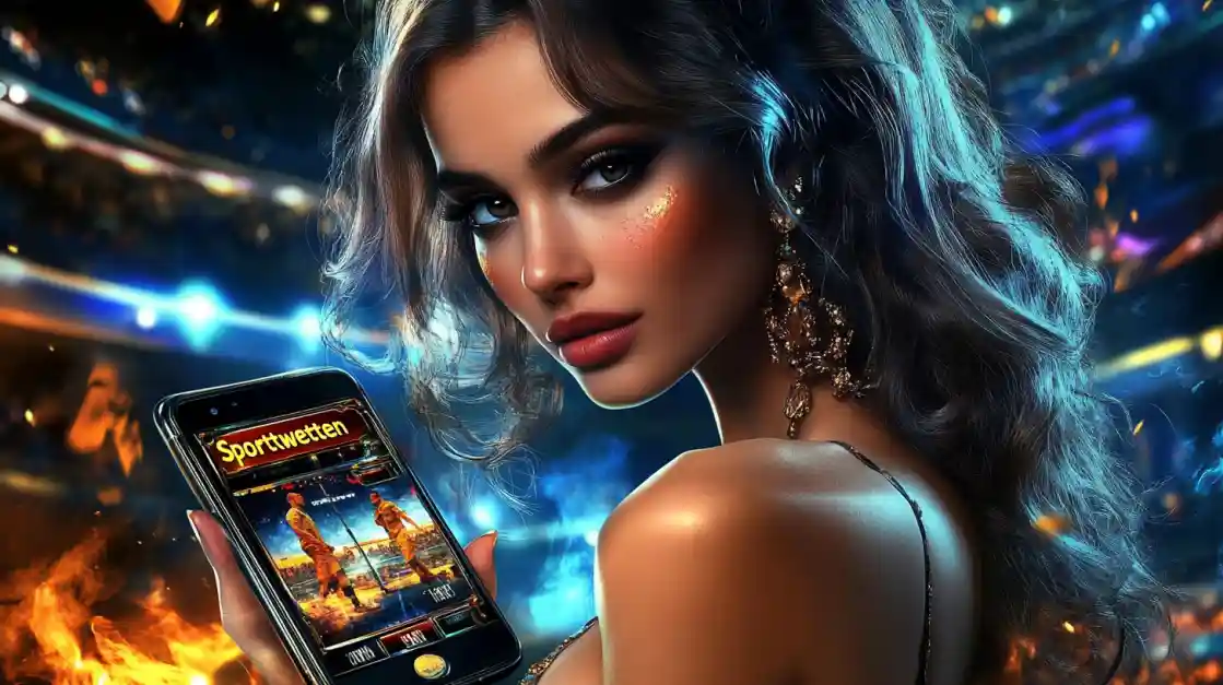 A glamorous woman with elegant makeup looks over her shoulder, holding a smartphone displaying the 3777bd sports betting app against a vibrant stadium backdrop with fire effects.